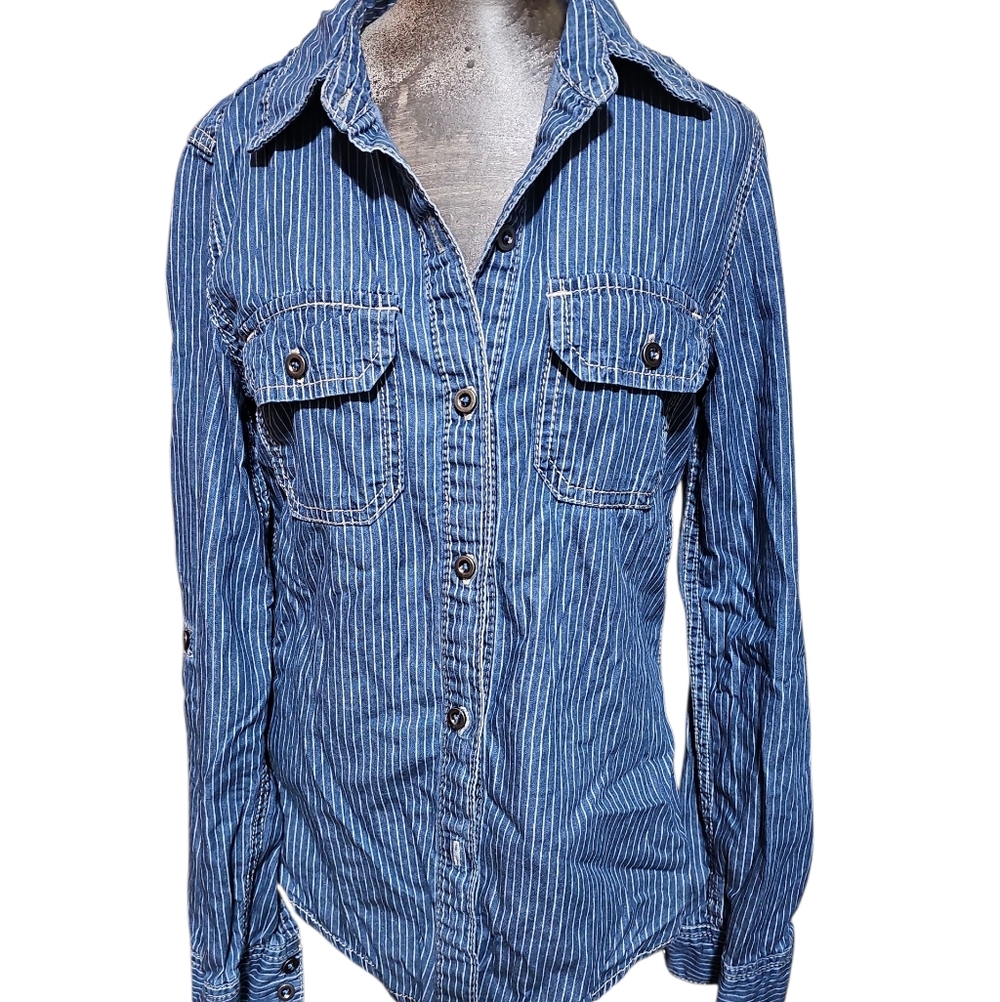 7 For All Mankind Blue Striped Button Down Shirt